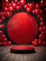 ai generiert rot Kreis gerundet mit rot Podium und rot Ballon ai generativ foto