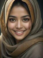 ai generiert schön Muslim Frau lächelnd und Lachen tragen ein Hijab und dekoriert Schal foto