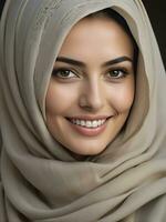 ai generiert schön Muslim Frau lächelnd und Lachen tragen ein Hijab und dekoriert Schal foto
