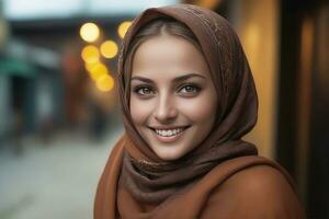 ai generiert schön Muslim Frau lächelnd und Lachen tragen ein Hijab und dekoriert Schal foto