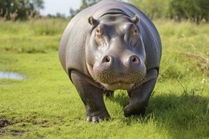 ai generiert Nilpferd Gehen im ein Grün Feld. ai generiert foto