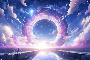 ai generiert Portal zu Ein weiterer Welt. futuristisch kosmisch Landschaft mit Kreis Tunnel im sternenklar Himmel. generativ ai foto