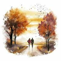 ai generiert Aquarell Herbst Landschaft mit ein Paar gehen. ai generiert foto