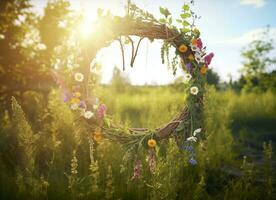 ai generiert rustikal Wildblumen Kranz auf ein sonnig Wiese. Sommer- Sonnenwende Tag, Hochsommer- Konzept. generativ ai foto