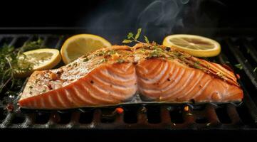 ai generiert Gourmet Schnitzel von frisch Lachs gewürzt mit Kräuter, Gewürze, und Zitrone Zitrusschale Grillen auf ein Bratpfanne. ai generiert. foto