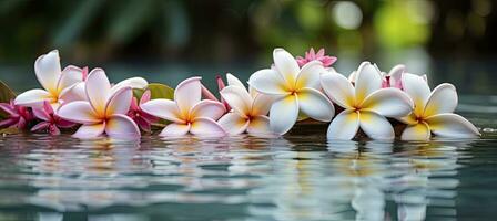 ai generiert Plumeria Blumen auf Grün Blatt schwebend auf Wasser. ein friedlich und heiter Szene mit ein berühren von Natur und Schönheit. ai generiert foto