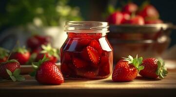 ai generiert Erdbeere Marmelade und frisch Beeren. generativ ai foto