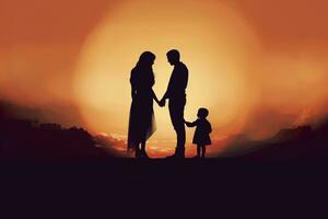 ai generiert Schatten von glücklich Familie zusammen, Eltern mit ihr wenig Baby beim Sonnenuntergang. ein Silhouette von Liebe und Einheit. ai generativ foto