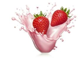 ai generiert Milch oder Joghurt Spritzen mit Erdbeeren isoliert auf Weiß Hintergrund, 3d Wiedergabe. ai generiert foto