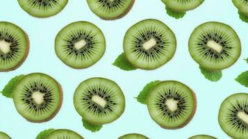 ai generiert Scheiben von Kiwi Obst und Grün Minze Blätter auf ein Licht Pastell- Blau Hintergrund. ai generiert foto