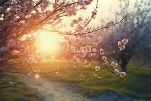 ai generiert Frühling blühen Hintergrund. Natur Szene mit Blühen Baum und Sonne aufflackern. generativ ai foto