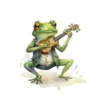 ai generiert Aquarell Grün Frosch spielen ein winzig Musical Instrument auf Weiß Hintergrund. ai generiert foto