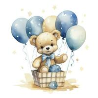 ai generiert ein Aquarell Baby Teddy Bär ist Sitzung im das Korb mit Blau und Gold Luftballons. ai generiert foto