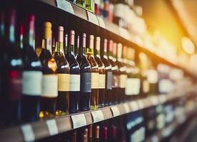 ai generiert abstrakt verwischen Wein Flaschen auf Alkohol Alkohol Regale im Supermarkt Geschäft Hintergrund. generativ ai foto