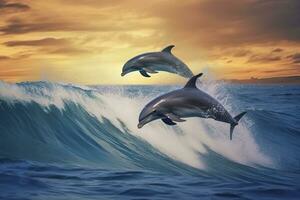 ai generiert spielerisch Delfine Springen Über brechen Wellen. Hawaii Pazifik Ozean Tierwelt Landschaft. generativ ai foto