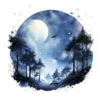 ai generiert Wald Mond Silhouette mit Fee leuchtenden im das Nacht Himmel auf ein Weiß Hintergrund. ai generiert foto