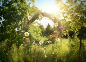 ai generiert rustikal Wildblumen Kranz auf ein sonnig Wiese. Sommer- Sonnenwende Tag, Hochsommer- Konzept. generativ ai foto