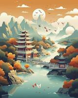 ai generiert Chinesisch Landschaft Kartenentfernung Berge eben Illustration. generativ ai foto