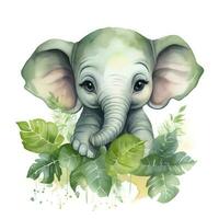 ai generiert glücklich süß Baby Elefant im Grün Blätter im das Aquarell Stil. ai generiert foto