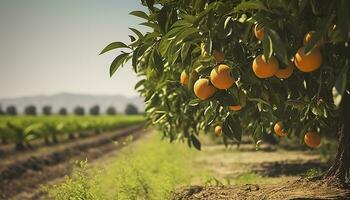 ai generiert ein Orange Baum ist im das Vordergrund mit ein Bauernhof Feld Hintergrund. generativ ai foto