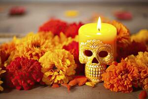 ai generiert Kerzen und Ringelblume Blumen. Tag von das tot Konzept dia de los Muertos. ai generiert foto