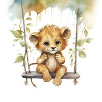 ai generiert süß glücklich Baby Löwe auf Schaukeln befestigt zu das Baum im Aquarell Stil. ai generiert foto
