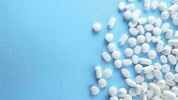 ai generiert oben Aussicht Weiß Medizin Tablets Antibiotikum Tabletten auf ein Sanft Blau Hintergrund, Kopieren Raum, Apotheke Thema, ai generativ foto