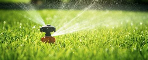 ai generiert automatisch Garten Rasen Sprinkler im Aktion Bewässerung Gras. ai generiert foto