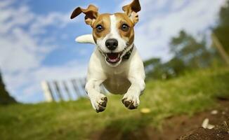 ai generiert Jack russel Pfarrer Hund Lauf zu das Kamera niedrig Winkel hoch Geschwindigkeit Schuss. ai generiert foto