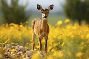 ai generiert weiblich Rogen Hirsch mit schön Blume. ai generiert foto