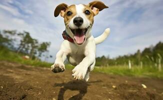 ai generiert Jack russel Pfarrer Hund Lauf zu das Kamera niedrig Winkel hoch Geschwindigkeit Schuss. ai generiert foto