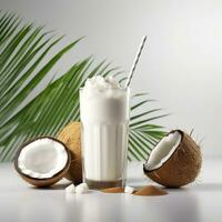ai generiert Kokosnuss Milch Shake Glas mit frisch geschnitten Kokosnuss. generativ ai foto