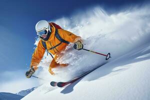 ai generiert Skifahrer Skifahren auf Berg Neigung. ai generiert foto