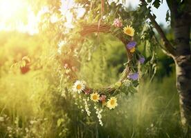 ai generiert rustikal Wildblumen Kranz auf ein sonnig Wiese. Sommer- Sonnenwende Tag, Hochsommer- Konzept. generativ ai foto