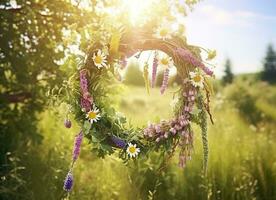 ai generiert rustikal Wildblumen Kranz auf ein sonnig Wiese. Sommer- Sonnenwende Tag, Hochsommer- Konzept. generativ ai foto