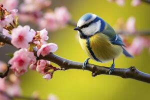 ai generiert ein Blaumeise Vogel ruhen auf das Ast von ein Baum. ai generiert. foto