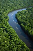 ai generiert Antenne Aussicht von das Amazonas Urwald Landschaft mit Fluss biegen. generativ ai foto