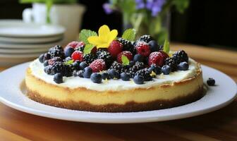 ai generiert Zitrone Käsekuchen mit frisch Beeren. ai generiert foto