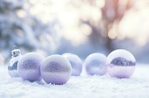 ai generiert Weihnachten Dekorationen Ball auf Schnee Hintergrund. ai generiert foto