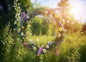 ai generiert rustikal Wildblumen Kranz auf ein sonnig Wiese. Sommer- Sonnenwende Tag, Hochsommer- Konzept. generativ ai foto