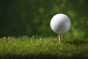 ai generiert Weiß Golf Ball auf hölzern Tee mit Gras. generativ ai foto