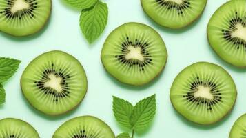 ai generiert Scheiben von Kiwi Obst und Grün Minze Blätter auf ein Licht Pastell- Blau Hintergrund. ai generiert foto