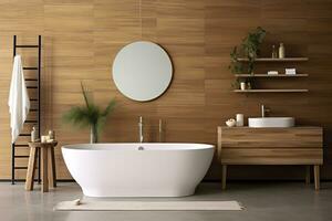 ai generiert Innere von stilvoll Badezimmer mit hölzern Kabinett, Waschbecken, Badewanne, und Spiegel. ai generiert foto