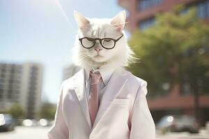 ai generiert ein Katze ist tragen Sonnenbrille, passen und Stehen auf Straße. ai generiert foto