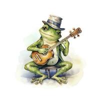 ai generiert Aquarell Grün Frosch spielen ein winzig Musical Instrument auf Weiß Hintergrund. ai generiert foto