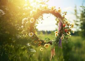 ai generiert rustikal Wildblumen Kranz auf ein sonnig Wiese. Sommer- Sonnenwende Tag, Hochsommer- Konzept. generativ ai foto