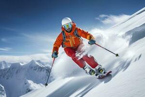 ai generiert Skifahrer Skifahren auf Berg Neigung. ai generiert foto