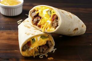 ai generiert Frühstück Burrito mit Wurst, Eier, hashbraun und Käse. ai generiert foto