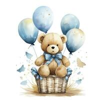 ai generiert ein Aquarell Baby Teddy Bär ist Sitzung im das Korb mit Blau und Gold Luftballons. ai generiert foto