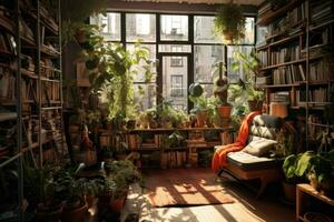 ai generiert Innere von ein gemütlich Zimmer mit Bücherregale und Pflanzen, ein überladen städtisch Wohnung gefüllt mit Bücher und Pflanzen, ai generiert foto